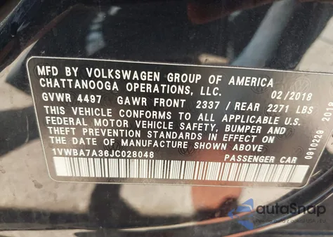 2018 Volkswagen Passat 2.0T Se из США, поврежденный, VIN 1VWBA7A36JC028048